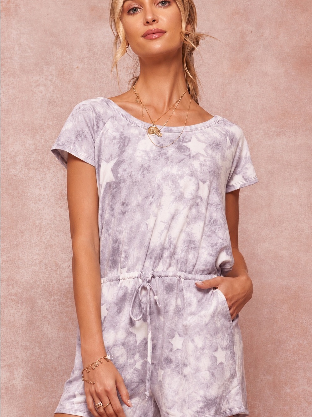 Promesa Lavender Star Tie-Waist Romper Crisscrossed Back Buttery Soft